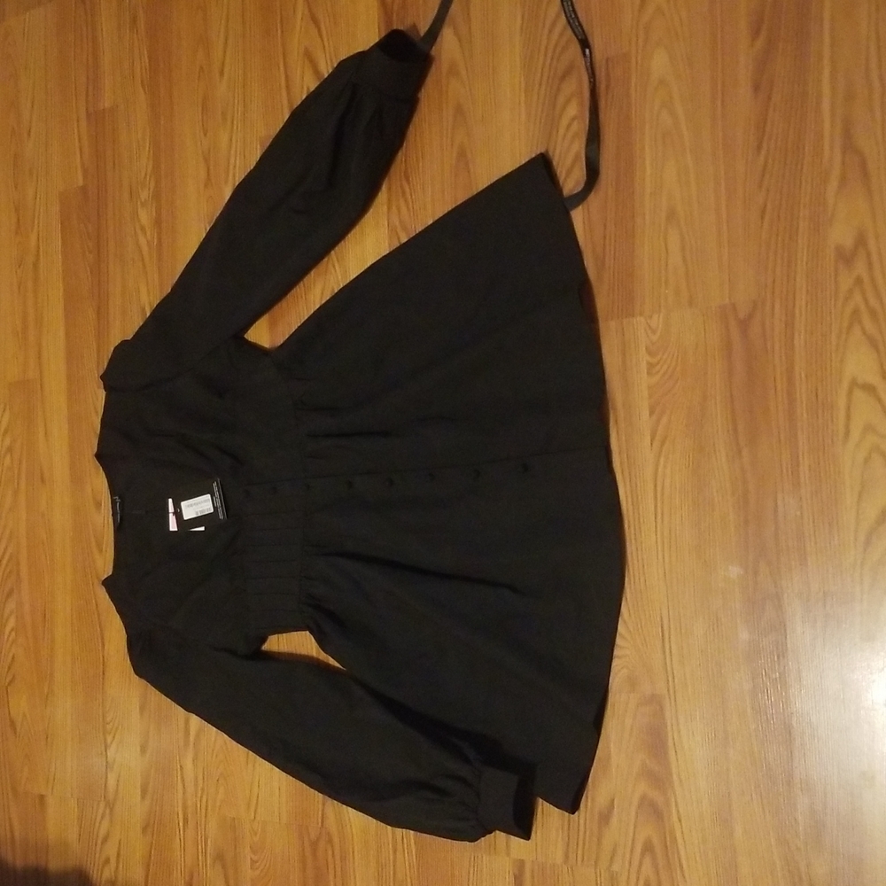 Black Button Front Fitted Puff Sleeve Skater Dress